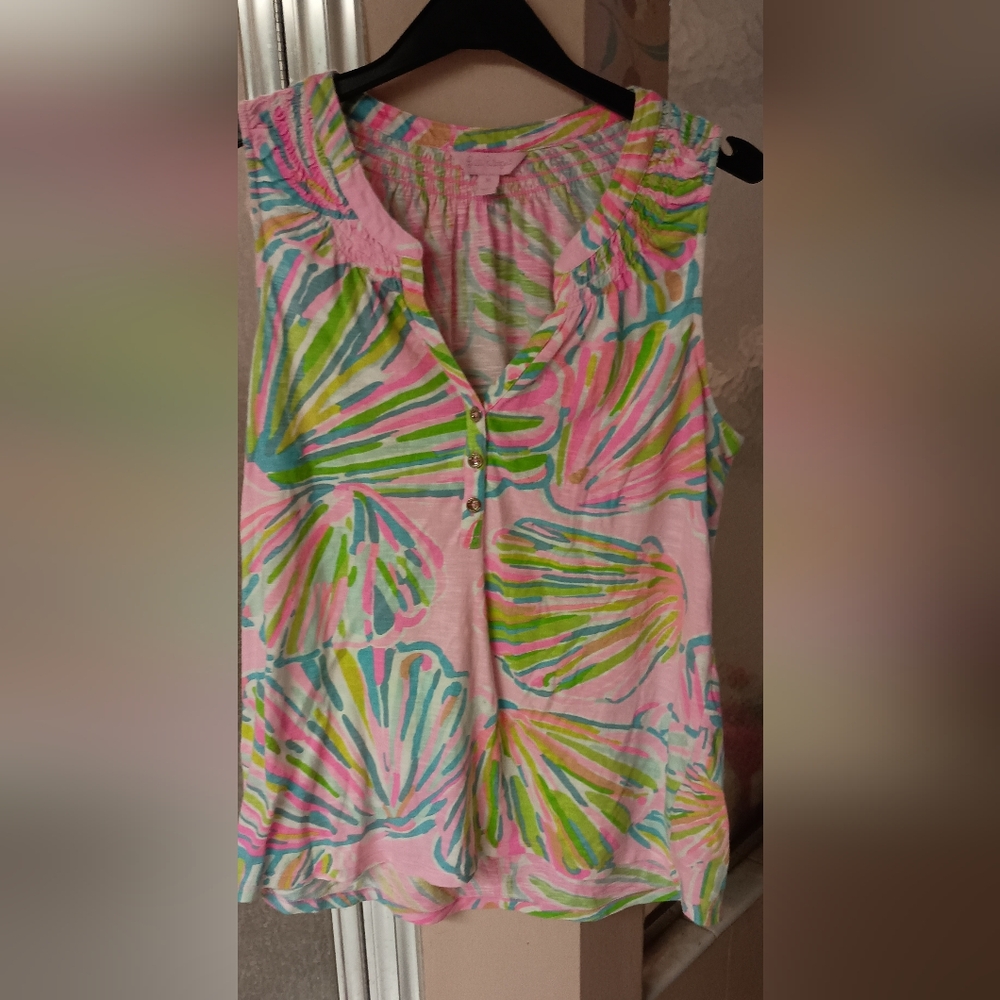 Lilly Pulitzer Cotton Knit Tank Medium Pink Green Blue Seashells